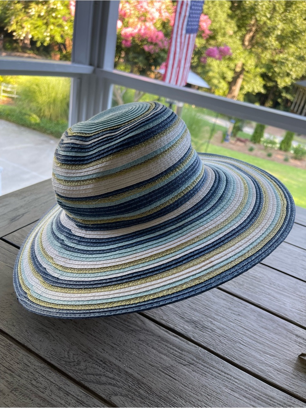 O’Rageous Wide Brim Striped Wide Brim Sun Hat in Blue, White & Green